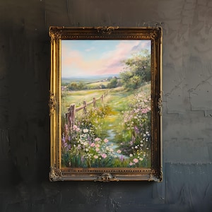 Póster vintage de prado de flores silvestres, decoración cottagecore, arte de la academia oscura, ilustración floral encantada, arte de pared de naturaleza rústica