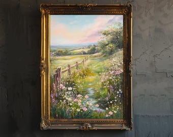 Pode incluir: Uma pintura a óleo emoldurada que retrata uma paisagem rural com um caminho sinuoso que leva através de um campo de flores silvestres. O caminho é delimitado por uma cerca de madeira e o fundo apresenta um horizonte distante com um céu azul e nuvens fofas.