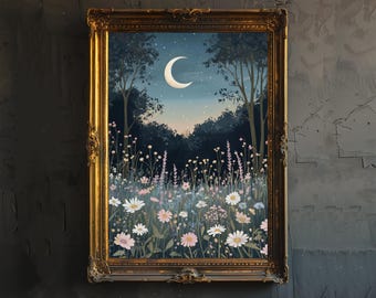 Moon Above Wild Flower Meadow Poster Cottagecore Decor Dark Academia Art Enchanted Landscape Illustration Vintage Nature Wall Art