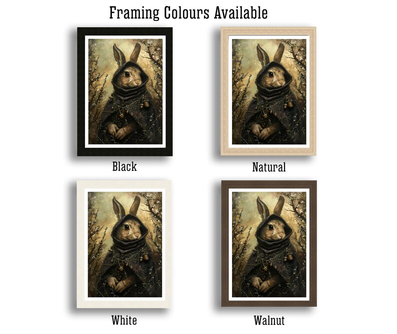 May include: Four different framing options for a print of a rabbit wearing a hooded cloak. The framing options are black, natural, white, and walnut.