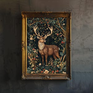William Morris Stag in Enchanted Grove Poster Cottagecore Dekor Dark Academia Kunst Vintage Wildtier Illustration Rustikal Ästhetik