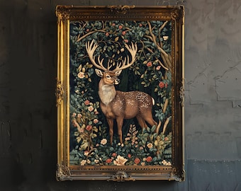 May include: A framed artwork featuring a majestic deer with large antlers, set in a lush forest scene with roses and foliage. The artwork is enclosed in an ornate gold frame, creating a vintage aesthetic.