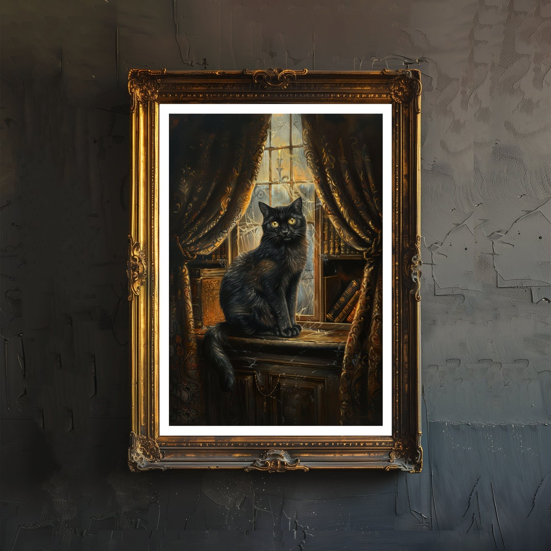Black Cat Illustration Print Dark Academia Art Gothic Decor Antique Cat ...