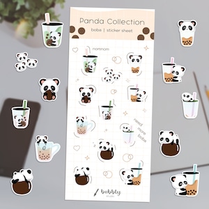 Folha de adesivos fofos de panda boba | 11 designs em uma única folha de adesivos, adesivos brilhantes à prova de intempéries e água, adesivos kawaii boba panda