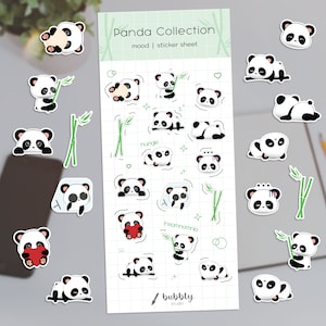 May include: A sticker sheet featuring 20 panda illustrations in different poses and moods. The sheet is titled "Panda Collection mood | sticker sheet" and includes the text "hungry" and "insomnia" in a handwritten style.