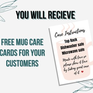 Peut inclure: Une carte de soin pour tasse rose et blanche avec le texte "Care Instructions" et "Top Rack Dishwasher safe Microwave safe" et "Made with love so please show it love by taking good care of it".