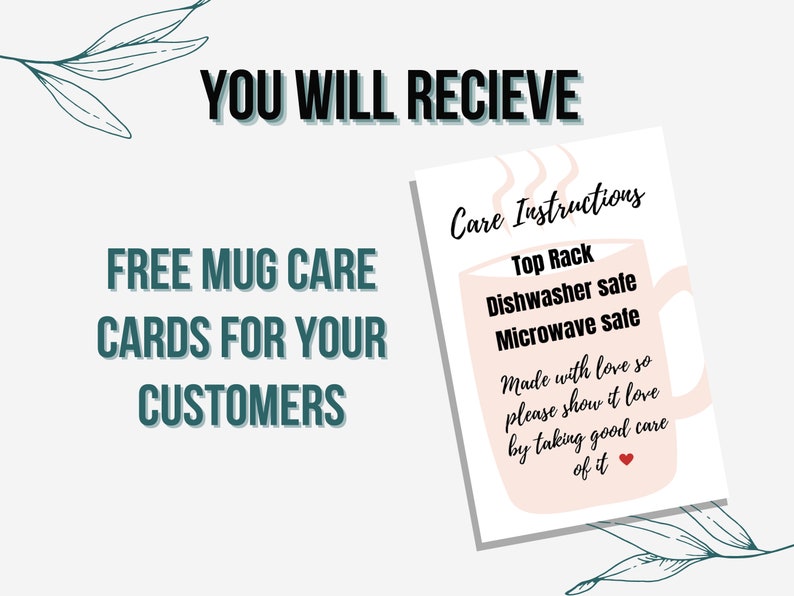 Peut inclure: Une carte de soin pour tasse rose et blanche avec le texte "Care Instructions" et "Top Rack Dishwasher safe Microwave safe" et "Made with love so please show it love by taking good care of it".