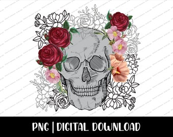 FLORAL SKULL PNG | Scary Png | Horror Clipart | Spooky Season Png | Sublimation Flower Skull Digital Download Gothic Png