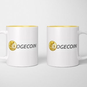 May include: Two white ceramic mugs with yellow rims. Both mugs feature a Dogecoin logo with a Shiba Inu dog and the text "DOGECOIN".