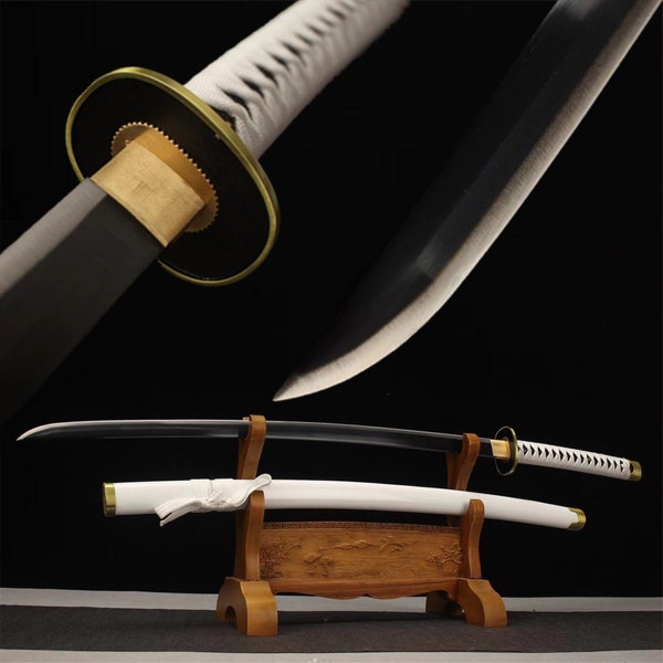 Artisanat fait à la main Anime Cosplay Blanc Anime Katana Épée, One Piece Roronoa Zoro, Épée de samouraï japonais faite à la main, Épée d’entraînement