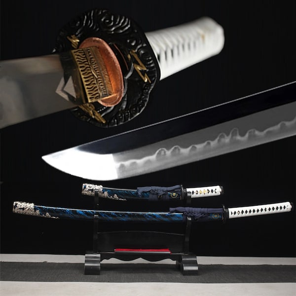 Artisan T10 Steel Storm Sakura Katana & Tanto Set - Display geïnspireerd op Ghost of Tsushima, Hamon gehard in klei, Samurai-artefact met doorlopende tang