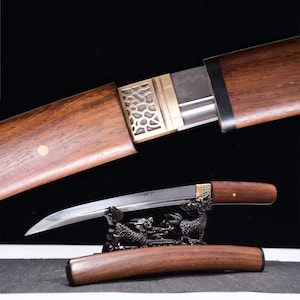 Rosewood Shirasaya Artisan Tanto • Hand-Forged Cultural Art Piece w/ T10 Steel Hamon Patina • Museum-Grade Heritage Display • Static Art