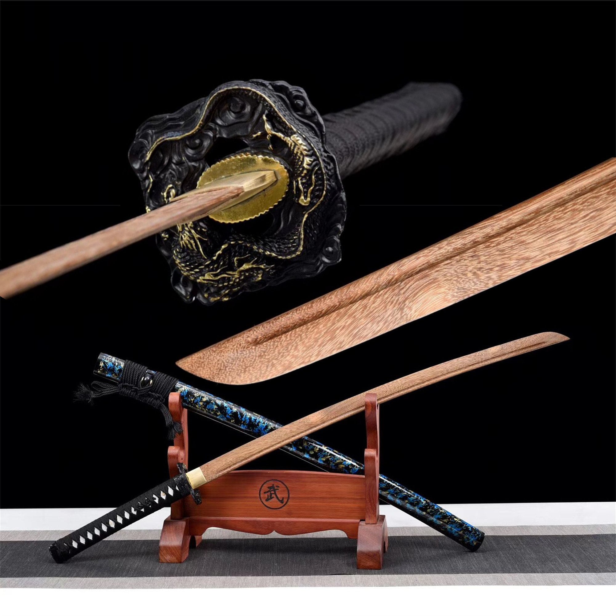 Onyx Dragon Tsuba Katana - Ebony-inlaid Rosewood Training Artifact