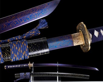 Handcrafted Japanese Sword Art - Damascus Steel Blue-Tinted Blade, Copper Moon Crater Tsuba, Full Tang - Collector&#39;s Art Piece, Wall Display