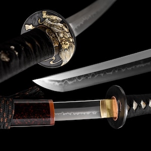 Ghost Design Katana Art Piece - Hand Forged T10 Steel Clay Tempered Hamon - Japanese Samurai Display Sculpture