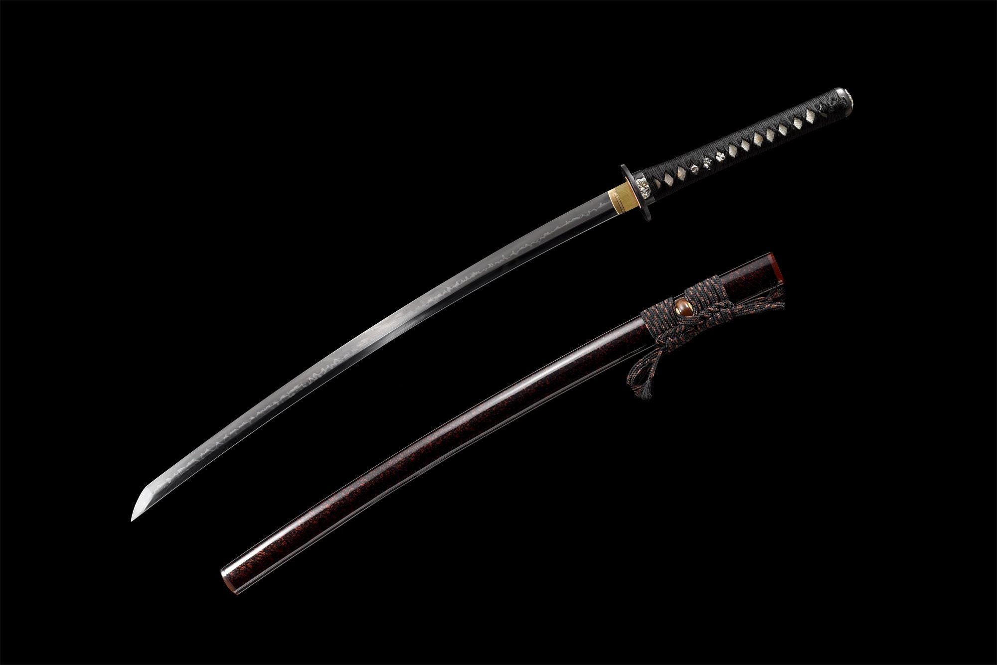 黒檀手作り銅包みT 10焼刃血槽版唐直刀古兵器 武具　刀装具　日本刀　模造刀 Ghost Design Katana Art Piece - Hand Forged T10 Steel Clay