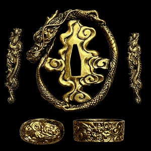 Puede incluir: Un conjunto de accesorios para espada en metal dorado que incluye una tsuba con un dragón rodeando un recorte central, dos adornos menuki a juego con motivos de dragón y dos componentes cilíndricos fuchi y kashira con relieves detallados.