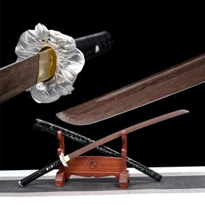 Lotus Katana Art - Handcrafted Rosewood Blade, Zen Practice Sword with Leaf Tsuba, Martial Arts Display Art