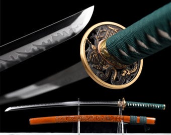 Handcrafted Japanese Katana Art - Dragon Carved Saya & Tsuba - T10 Artisan Steel - Three-Tone Polished Hamon - Collectors Display Piece
