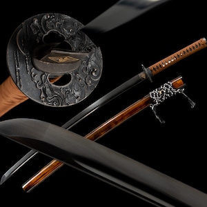 Handmade Japanese Katana Art Piece - Water Wave Tsuba Design - High Manganese Steel Blade - Decorative Collectible