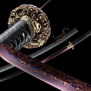 Handmade Japanese Katana Sword Art Piece - Dragon Tsuba - Damascus Folded Steel - Samurai Display Collectible