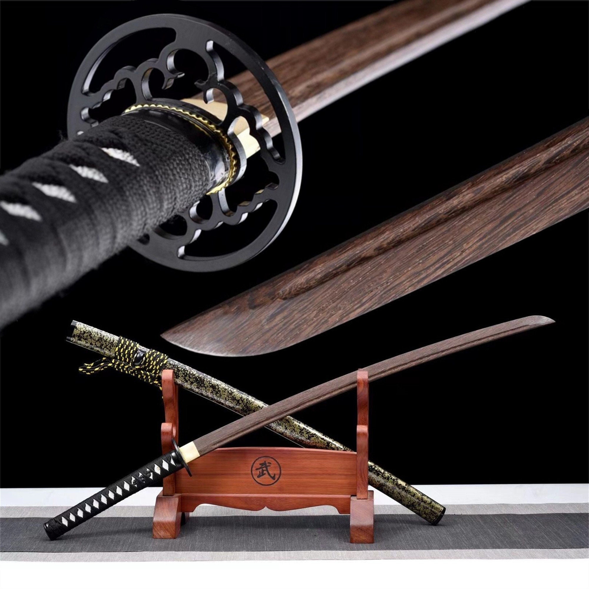Obsidian & Gilded Wooden Katana - Luxury Martial Arts Display | Handcrafted Rosewood Replica | Iaido Training Artifact
