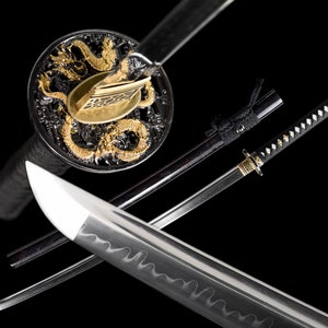 Hand Forged Japanese Katana Art Piece - Double Dragon Tsuba - T10 Steel Clay Tempered Hamon Blade, Full Tang Structure