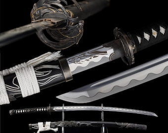 Traditionelles handgefertigtes japanisches Katana, Manganstahl, Twin Wolf Tsuba, Full Tang, Sammlerschwert, inspiriert vom Geist von Yotei