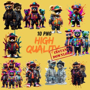 Teddy Bear Png Bundle, Colorful Urban Design Streetwear Png Sublimation, Urban Style Neon Design Graffiti Png for Tshirt, Digital Download