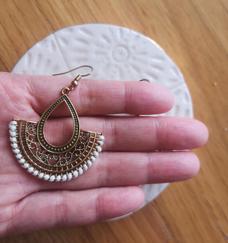 Boho Chic Jewellery Bronze Fan Shape White Wires earrings Antiqued Brass Earrings Rustic Bohemian Earrings Hippie Ethnic Earrings