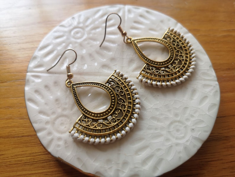 Boho Chic Jewellery Bronze Fan Shape White Wires earrings Antiqued Brass Earrings Rustic Bohemian Earrings Hippie Ethnic Earrings