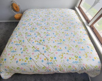 Vintage 70s queen size blue pink and yellow floral comforter