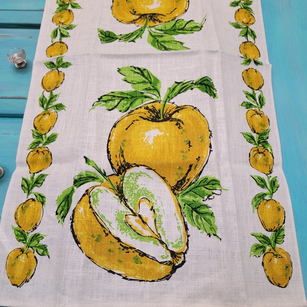 Vintage pear/apple tea towel - gold and green