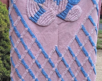 Vintage blue/pink panda 1950s chenile cotton baby blanket