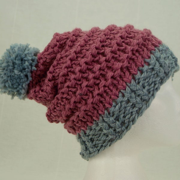 Bonnet tricoté, chapeau bobble en laine, bonnet tricoté super gros, bonnet tricoté rose et gris