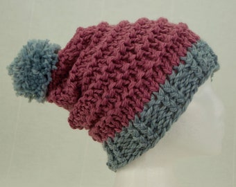 Knit beanie hat, wool bobble hat, super chunky knitted beanie, pink and grey knit hat