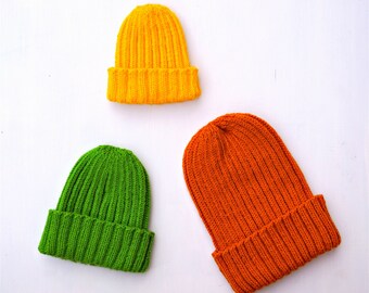 Knit beanie hat, knit wool bobble hat, Classic ribbed beanie hat