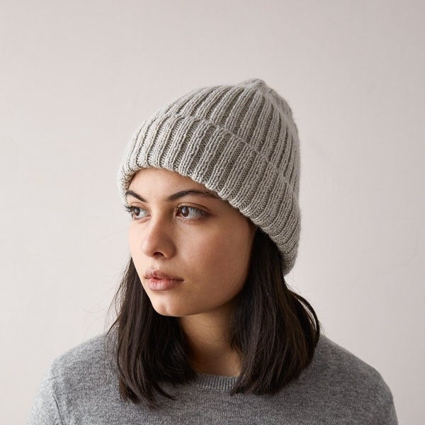 Knit beanie hat, knit wool bobble hat, Classic ribbed beanie hat
