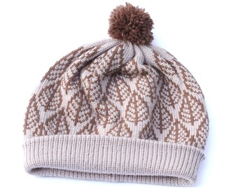 Beige muts, gebreide wollen muts met pompon, Fair Isle gebreide muts