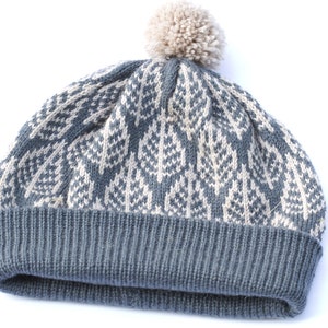 Grey blue beanie hat, knit wool bobble hat, Fair Isle knit hat