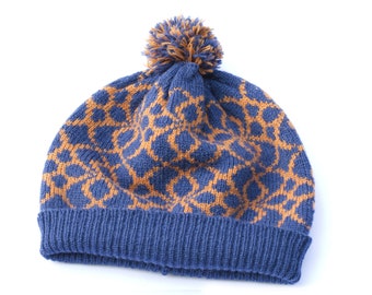 Blue beanie hat, knit wool bobble hat, Fair Isle knit hat