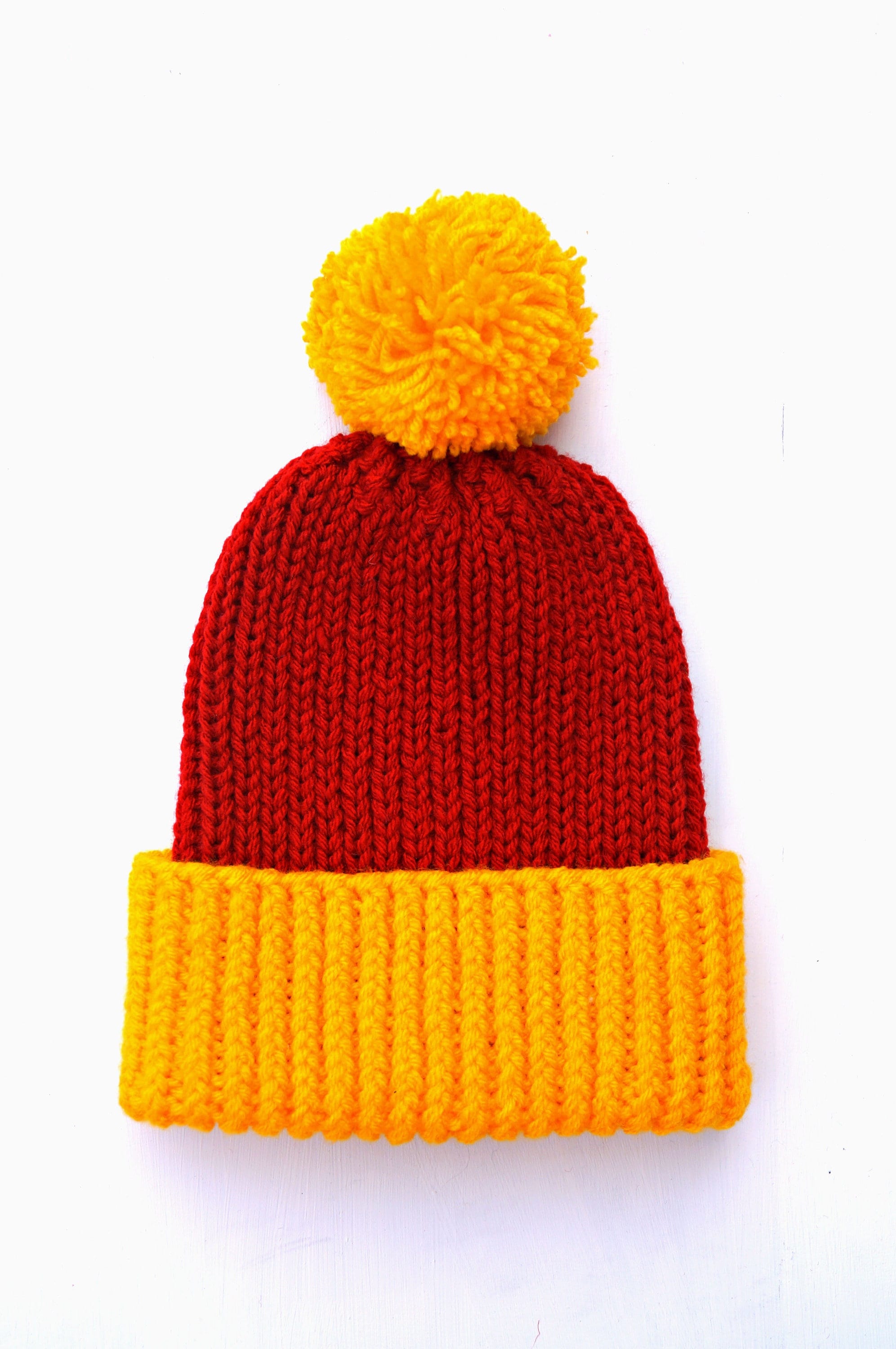 Chunky Knit Beanie Hat, Red Yellow Bobble Hat, Knitted