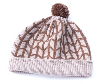 beige muts, gebreide wollen bobbelhoed, Fair Isle gebreide hoed