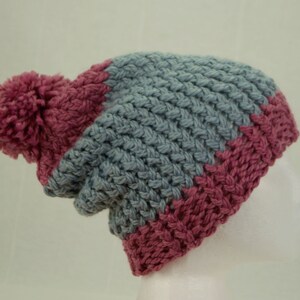Knit beanie hat, wool bobble hat, super chunky knitted beanie, pink and grey knit hat