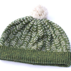 Green beanie hat, knit wool bobble hat, Fair Isle knit hat