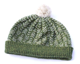 Green beanie hat, knit wool bobble hat, Fair Isle knit hat