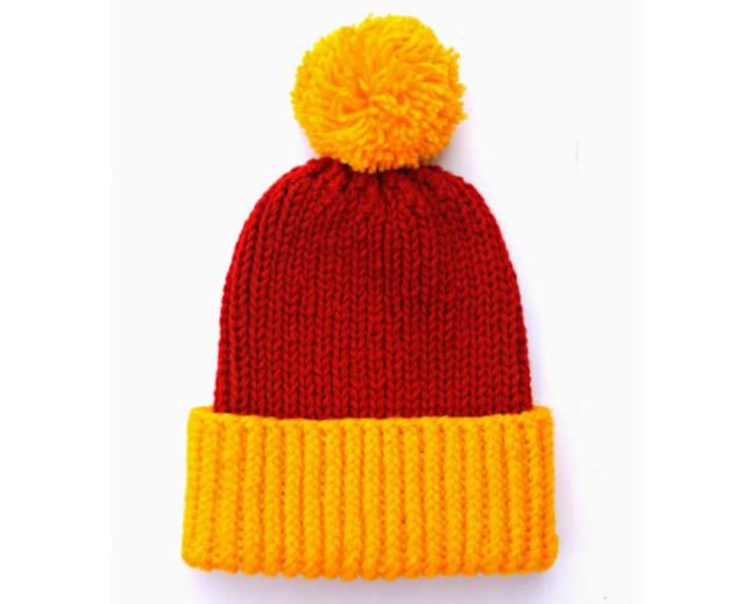 Chunky Knit Beanie Hat, Red Yellow Bobble Hat, Knitted Ribbed Hat - Main Image