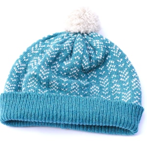 Teal blue beanie hat, knit wool bobble hat, Fair Isle knit hat