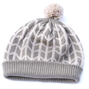 Sage green beanie hat, knit wool bobble hat, Fair Isle knit hat