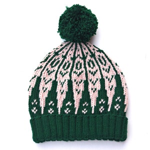 Knit beanie hat, green wool bobble hat, knitted fair isle hat